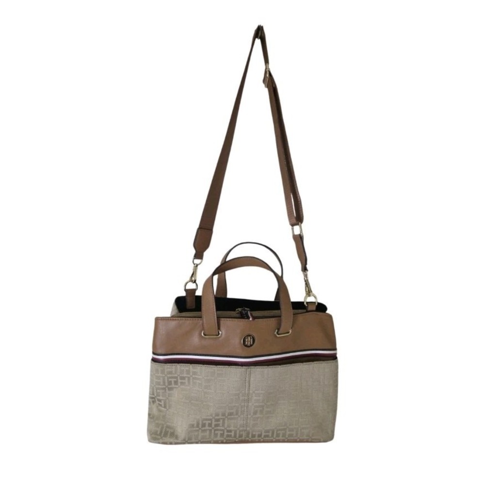 Tommy Hilfiger On The Go Bag Brown Signature Monogram Satchel Detachable Strap